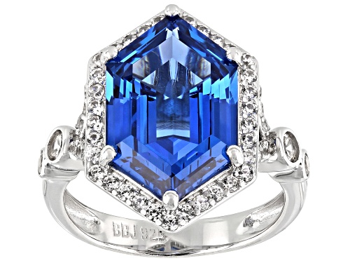 Pre-Owned 5.72ct Hexagon Lab Created Blue Spinel With 1.72ctw Zircon Rhodium Over Silver Ring - Size 7