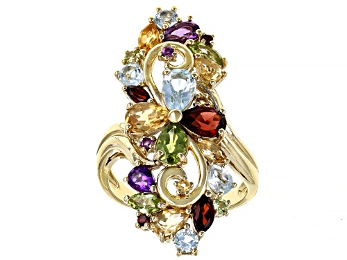 Pre-Owned 3.79ctw Mixed Shapes Multi-Gemstone 18k Yellow Gold Over Sterling Silver Cluster Ring - Size 7