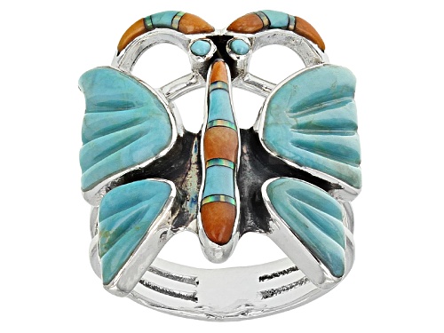 Photo of Pre-Owned Southwest Style By Jtv™ Turquoise, Opal Simulant, Orange Spiny Oyster Shell Silver Butterf - Size 5