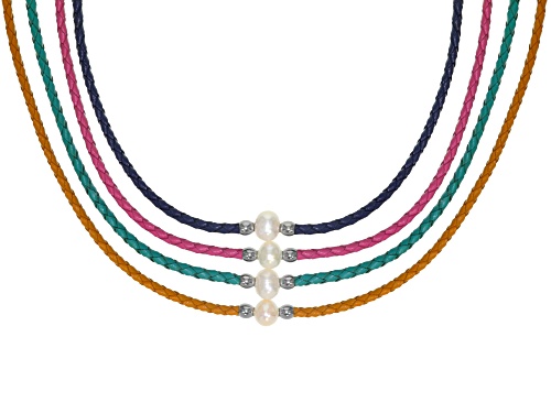 Pre-Owned 9-10mm White Cultured Freshwater Pearl Multi-Color Imitation Leather Silver Tone Necklace - Size 18