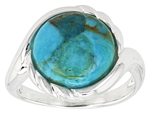 Photo of Pre-Owned 12mm Round Cabochon Blue Turquoise Rhodium Over Sterling Silver Solitaire Ring - Size 6