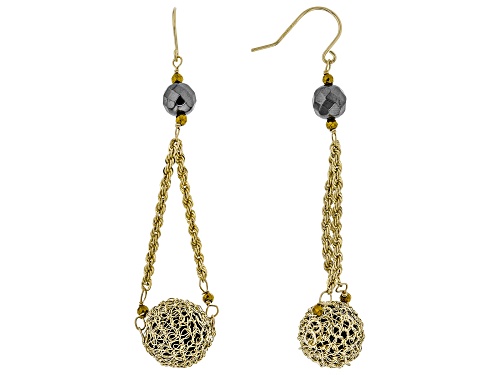 Photo of 10mm Round Gold Mesh Covered Black Onyx, 6mm Hematine & 2mm Golden Pyrite Beads 10k Gold Earrings