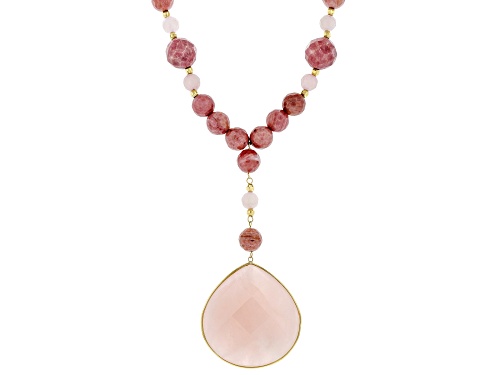 Pear Shape & Round Pink Quartz with Rhodonite 10k Gold Bead Necklace - Size 24