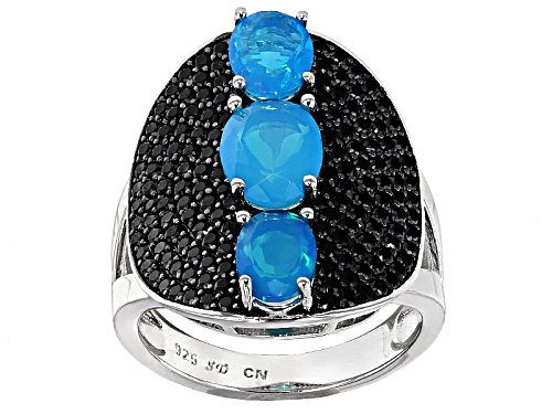 Photo of Pre-Owned 1.51ctw Oval Blue Opal With 1.82ctw Round Black Spinel Sterling Silver Ring - Size 4