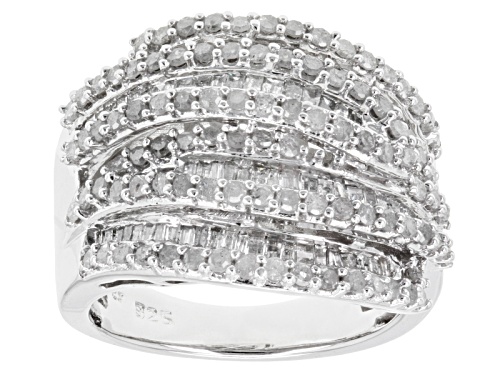 Pre-Owned 1.50ctw Round And Baguette White Diamond Rhodium Over Sterling Silver Dome Ring - Size 5