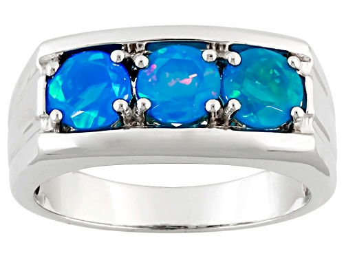 Pre-Owned 1.02ctw Round Paraiba Color Blue Ethiopian Opal Sterling Silver Mens 3-Stone Ring - Size 13