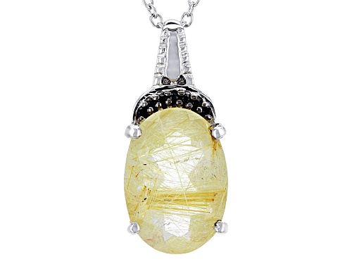 3.75ct Oval Rutilated Quartz & .03ctw Round Black Spinel Rhodium Over Sterling Silver Pendant/Chain
