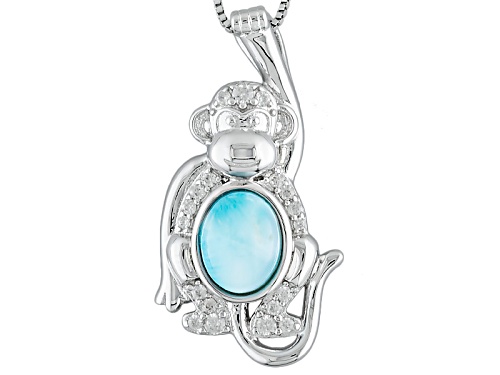10x5mm Oval Cabochon Larimar And .44ctw Round White Zircon Sterling Silver Monkey Pendant With Chain