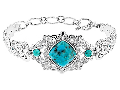 15mm Square Cushion And 5mm Round Turquoise With .30ctw Swiss Blue Topaz Sterling Silver Bracelet - Size 7.25