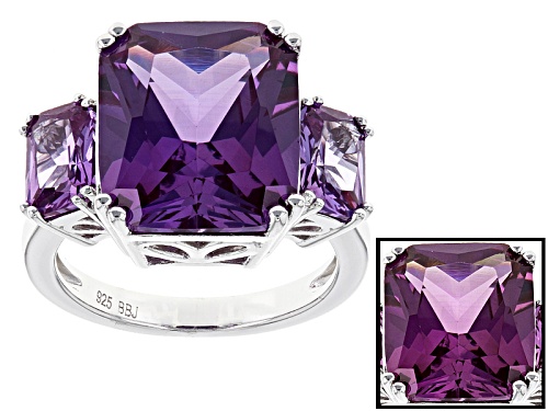 13.14ctw Purple Lab Created Color Change Sapphire Rhodium Over Sterling Silver 3-Stone Ring - Size 7