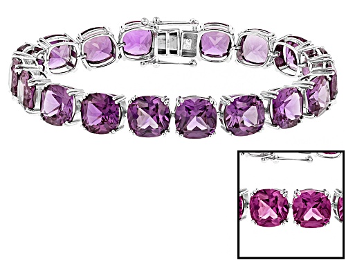 88.22ctw Square Cushion Purple Lab Created Color Change Sapphire Rhodium Over Silver Tennis Bracelet - Size 8