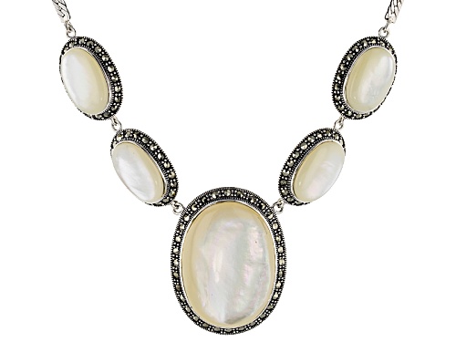 38.3x27.5mm And 20x13.5mm Oval Cabochon White Mother-Of-Pearl With Round Marcasite Silver Necklace - Size 18