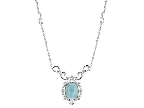 Photo of 16x12mm Cabochon Oval Larimar And .02ctw Round White Zircon Rhodium Over Sterling Silver Necklace - Size 18