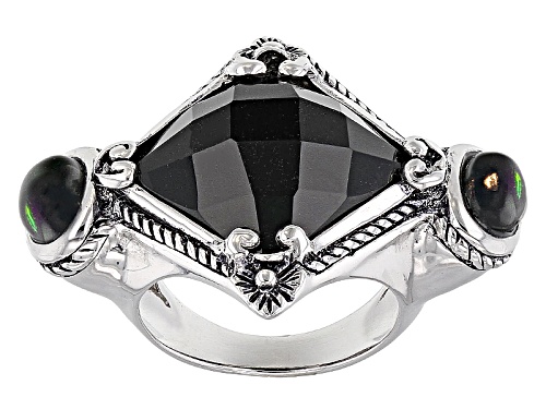 .85ctw Oval Cabochon Black Ethiopian Opal And 15mm Square Cushion Black Onyx Sterling Silver Ring - Size 6