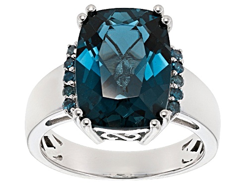 6.97ct Rectangular Cushion London Blue Topaz And .12ctw Round Blue Diamond Sterling Silver Ring - Size 11