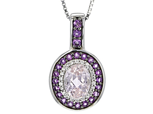 Photo of 1.47ct Oval Kunzite With .52ctw Round Amethyst And .13ctw  White Zircon Silver Pendant With Chain
