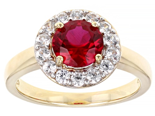 Photo of 1.32ct Round Lab Created Ruby with 0.70ctw White Zircon 18k Yellow Gold Over Silver Halo Ring - Size 7