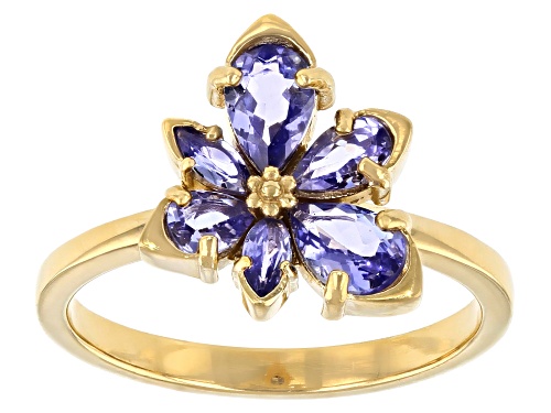 1.11ctw Mixed Shape Tanzanite 18k Yellow Gold Over Sterling Silver Asymmetrical Flower Ring - Size 6