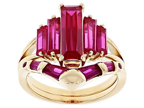 3.23ctw Lab Created Ruby 18k Yellow Gold Over Sterling Silver Set Of 2 Stackable Rings - Size 9