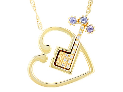 0.15ctw Tanzanite & 0.07ctw White Zircon 18k Yellow Gold Over Silver Heart & Key Pendant With Chain