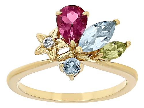 1.61ctw Mixed Shapes, Multi Gemstone 18k Yellow Gold Over Sterling Silver Floral Ring - Size 11