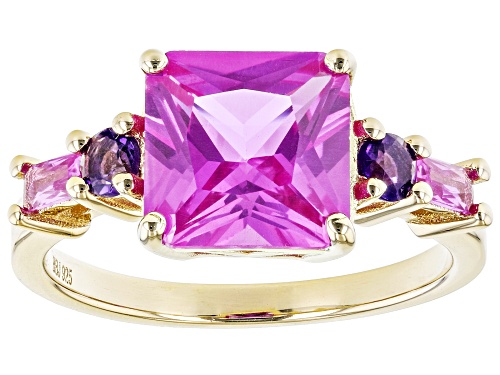 4.58ctw Lab Created Pink Sapphire And 0.19ctw African Amethyst 18k Yellow Gold Over Silver Ring - Size 9