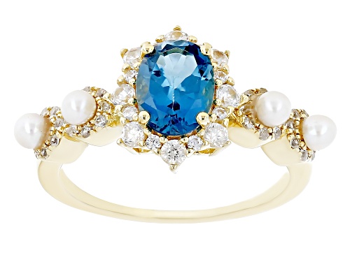 Photo of 1.87ctw London Blue Topaz, Cultured Freshwater Pearl, White Zircon 18k Yellow Gold Over Silver Ring - Size 8