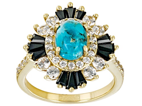 Photo of 2.00ctw Turquoise, Black Spinel And White Zircon 18k Yellow Gold Over Sterling Silver Ring - Size 7