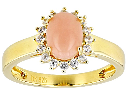 8x6mm Pink Opal And 0.35ctw White Zircon 18k Yellow Gold Over Sterling Silver Ring - Size 7