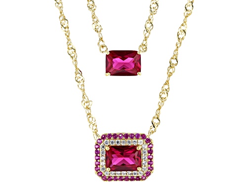 Photo of 2.3c2ctw Lab Ruby and 0.22ctw White Zircon 18k Yellow Gold Over Silver Double Layered Necklace - Size 16