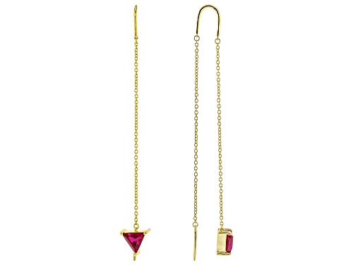2.18ctw Lab Created Ruby 18k Yellow Gold Over Sterling Silver Threader 3.25" Earrings