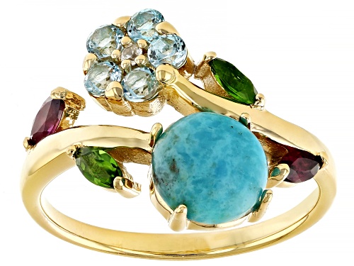 Multi Gem 18k Yellow Gold Over Sterling Silver Bypass Flower Ring - Size 7