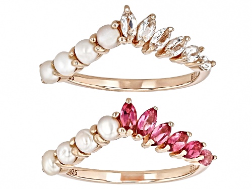 0.85ctw Pink Tourmaline, White Topaz & Cultured Freshwater Pearl 18k Rose Gold Over Silver Ring Set - Size 7
