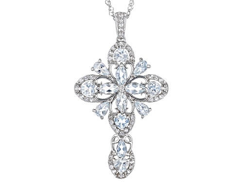 2.56ctw Aquamarine With .47ctw White Topaz Rhodium Over Sterling Silver Cross Pendant with Chain