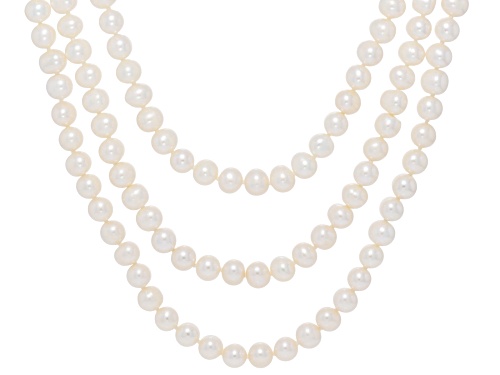 7mm White Cultured Freshwater Pearl Rhodium Over Sterling Silver 18 Inch Multi-Strand Necklace - Size 18