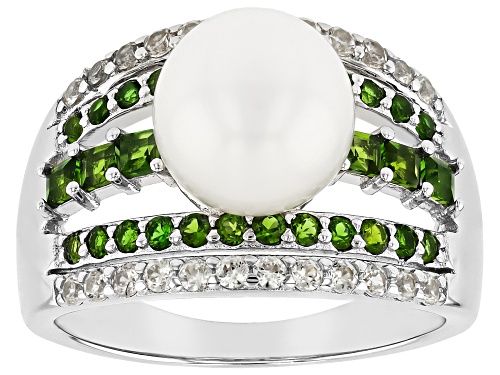 9mm White Cultured Freshwater Pearl With Chrome Diopside & Zircon 18k Yellow Gold Over Silver Ring - Size 7