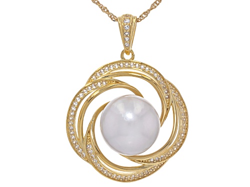 13mm White Cultured Freshwater Pearl & Topaz 18k Yellow Gold Over Sterling Silver Pendant With Chain