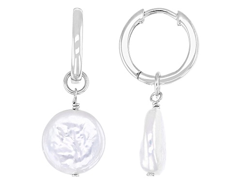 9mm White Cultured Freshwater Pearl Rhodium Over Sterling Silver Earrings