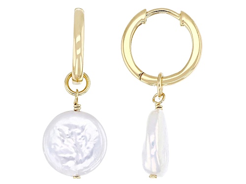 9mm White Cultured Freshwater Pearl 14k Yellow Gold Over Sterling Silver Earrings