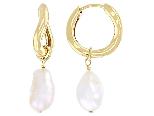 10mm White Cultured Freshwater Pearl 14k Yellow Gold Over Sterling Silver Earrings