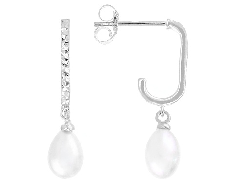 6m White Cultured Freshwater Pearl Rhodium Over Sterling Silver Earrings