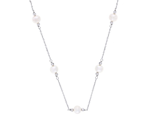 7.5mm White Cultured Freshwater Pearl Rhodium Over Sterling Silver Necklace - Size 18
