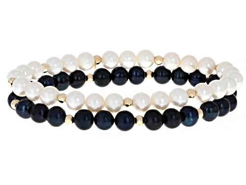 5mm White & Black Cultured Freshwater Pearl 14k Yellow Gold Stretch Bracelets Set of 2