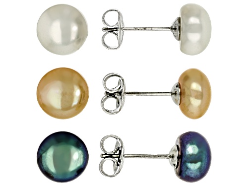 8mm Multi-Color Cultured Freshwater Pearl Stainless Steel Earring Set of 3