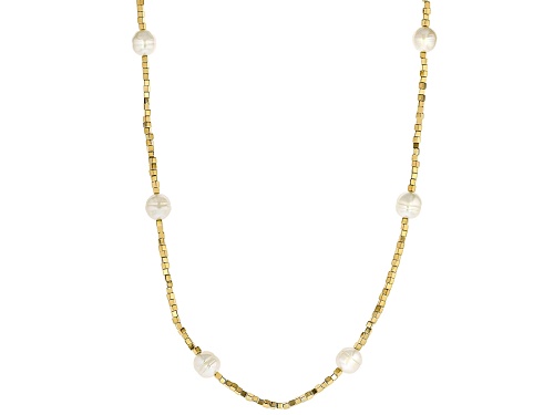 9mm White Cultured Freshwater Pearl With Gold Hematine Stainless Steel 40 Inch Necklace - Size 40