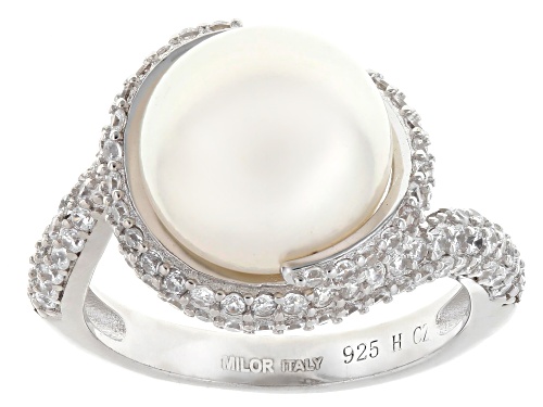 11mm White Cultured Freshwater Pearl With Bella Luce® Rhodium Over Sterling Silver Ring - Size 9