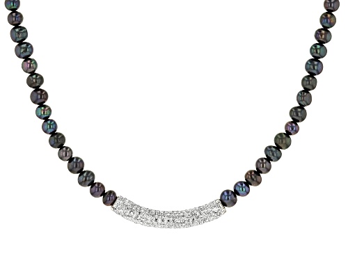 7-8mm Black Cultured Freshwater Pearl & White Crystal Sterling Silver 18 Inch Necklace - Size 18