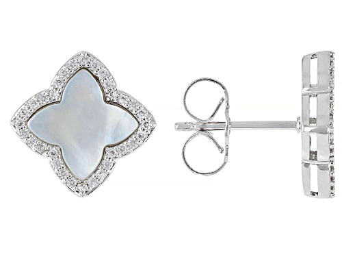 White South Sea Mother-Of-Pearl With 0.23ctw Lab Created Sapphire Rhodium Over Brass Earrings