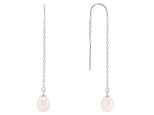 7-8mm White Cultured Freshwater Pearl Rhodium Over Sterling Silver Earrings