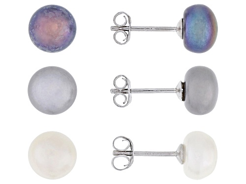 7mm Multi-Color Cultured Freshwater Pearls Sterling Silver Stud Earrings Set of 3